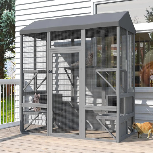Outdoor Cat Enclosure, Large multiple House for multiple Cats  Waterproof Cover and Sunshine Panel Roof