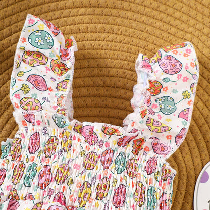 Infant Girls Romper Floral Ruffle Sleeve Pleated Smocked Bubble 1Piece