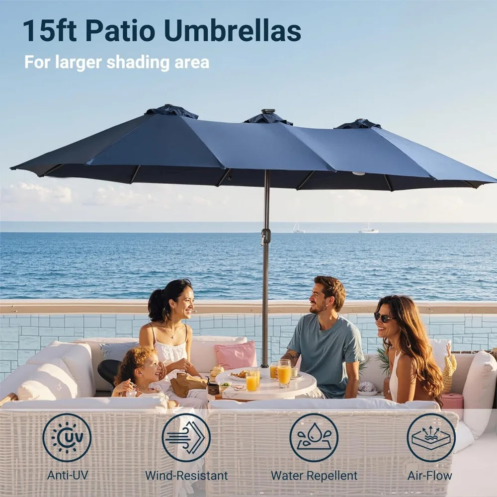 Outdoor Patio Umbrella With Solar Light,15 Ft Sunshade W Base 156 Colorful LED