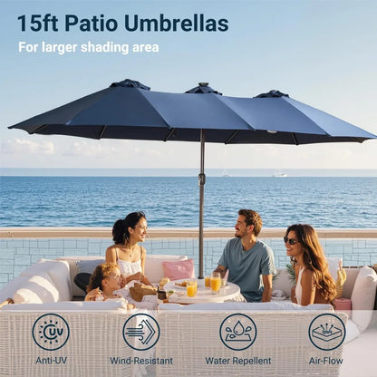 Outdoor Patio Umbrella With Solar Light,15 Ft Sunshade W Base 156 Colorful LED