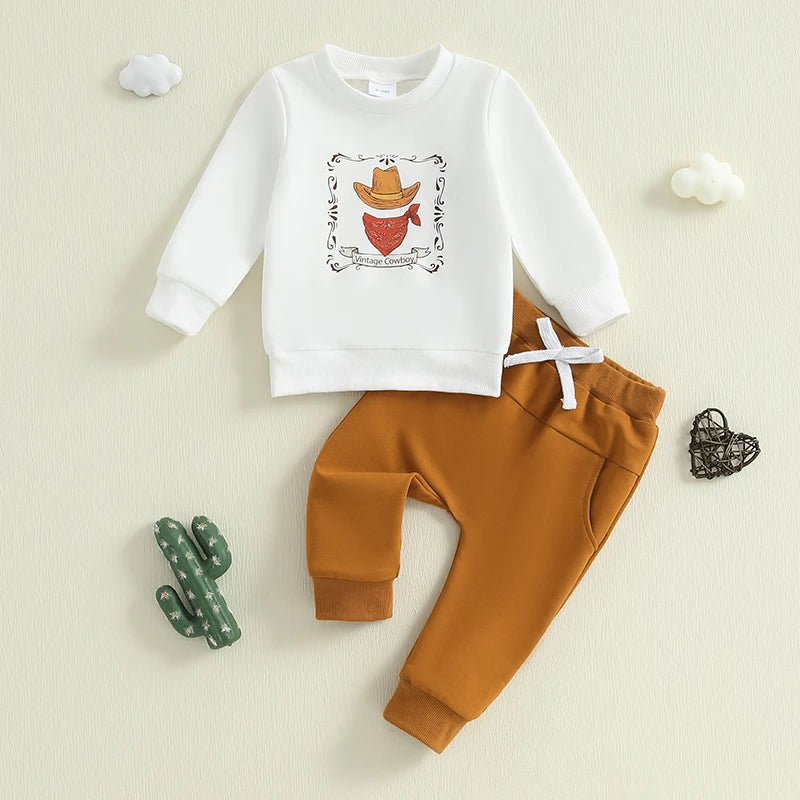 Toddler Cowboy Style Outfit Set with Printed Hat Long Sleeve Sweatshirt and Elastic Pants for Baby Boys - 2 Piece Western