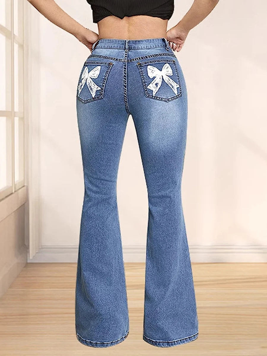 Women s High Waist Flare Jeans with Embroidered Floral Detailing Vintage Bell Bottom Denim Pants Stylish Long Trousers