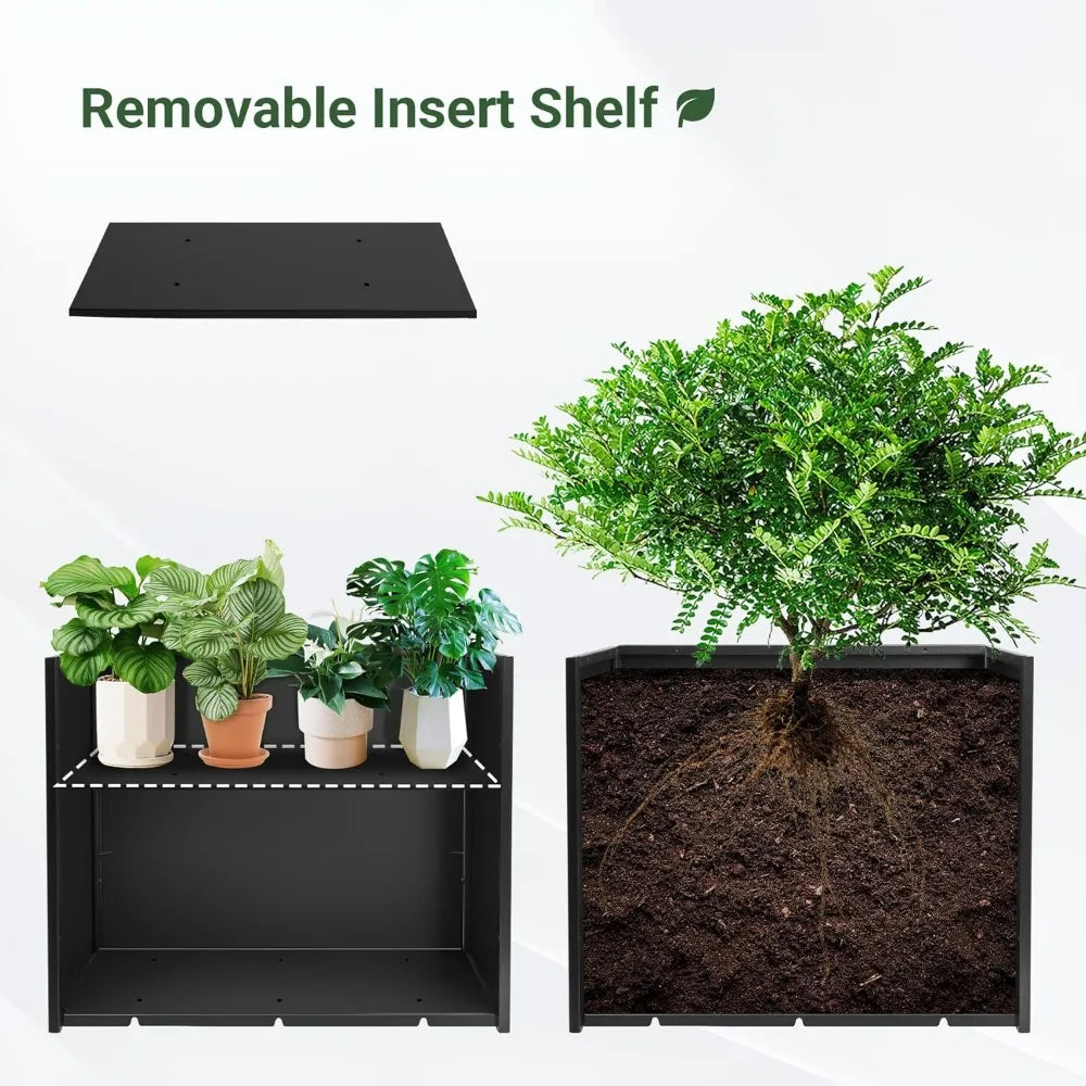 -Sturdy Tall Black Metal Planter Box, 36 x 12 x 26 with Removable Shelf for Outdoor Spaces