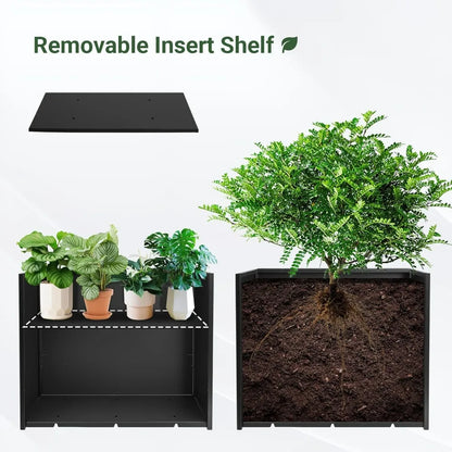 -Sturdy Tall Black Metal Planter Box, 36 x 12 x 26 with Removable Shelf for Outdoor Spaces