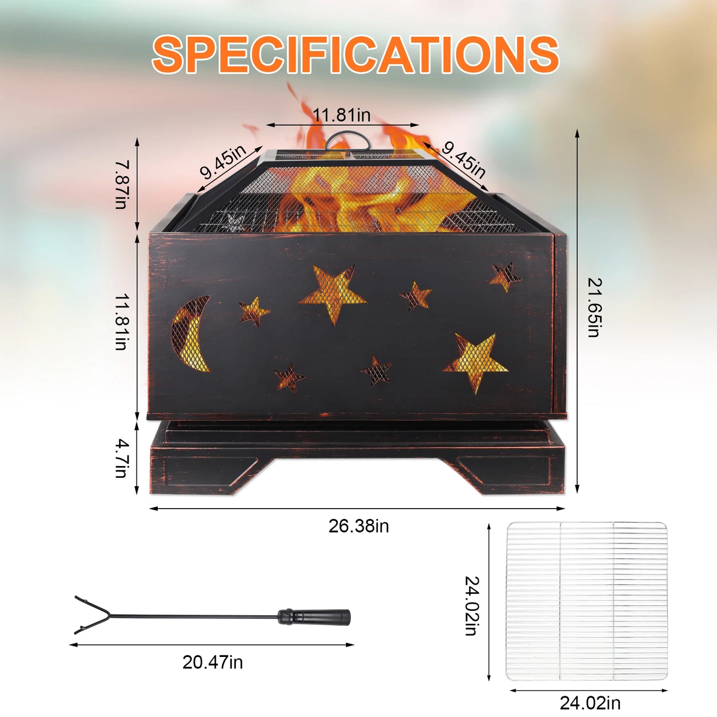 26 Inch Square Wood Burning Fire Pit with Cooking Grill for Outdoor BBQs