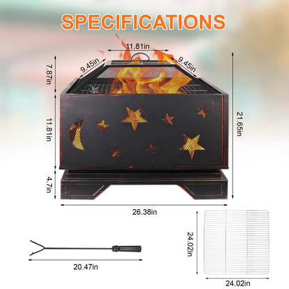 26 Inch Square Wood Burning Fire Pit with Cooking Grill for Outdoor BBQs