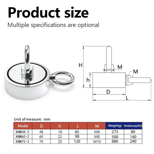 Strong Powerful Neodymium Magnet Double Side Salvage Search Magnet Hook Sea Fishing Holder Pulling Mounting Pot with Ring