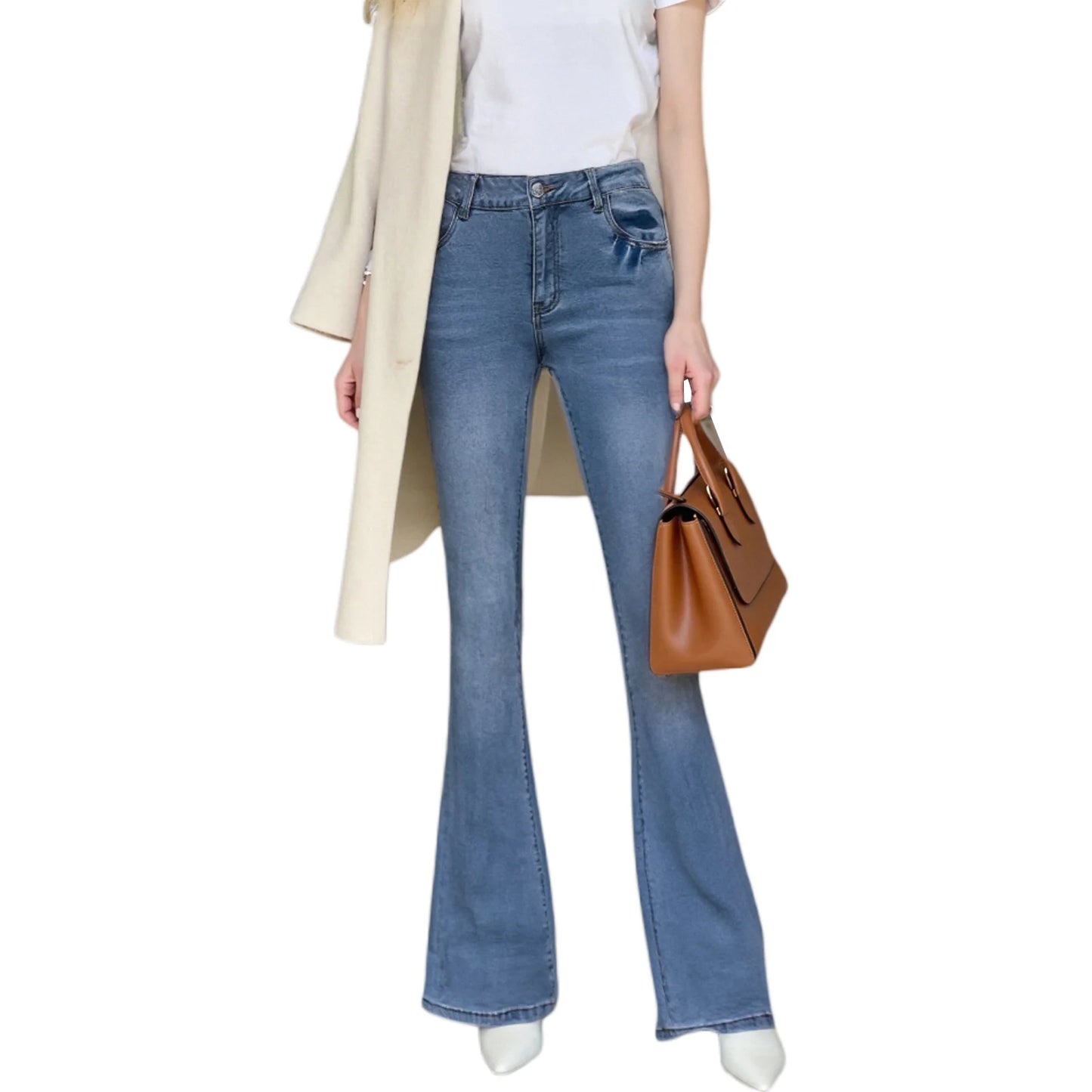 Women s High Waist Flare Jeans with Embroidered Floral Detailing Vintage Bell Bottom Denim Pants Stylish Long Trousers