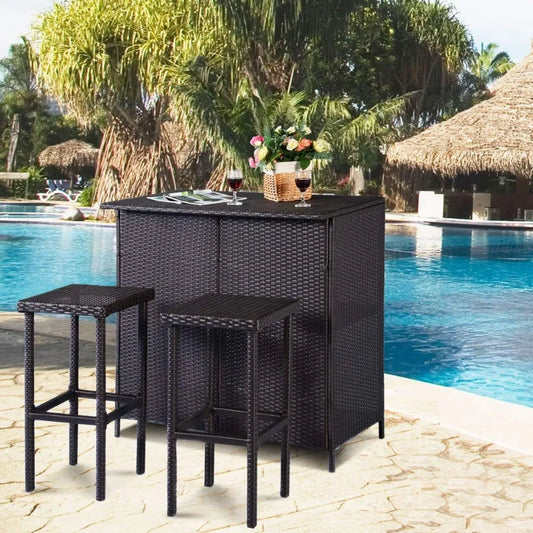 Outdoor Rattan 3-Piece Bar Set with Wicker Stools and Table Including 2 Storage Shelves.