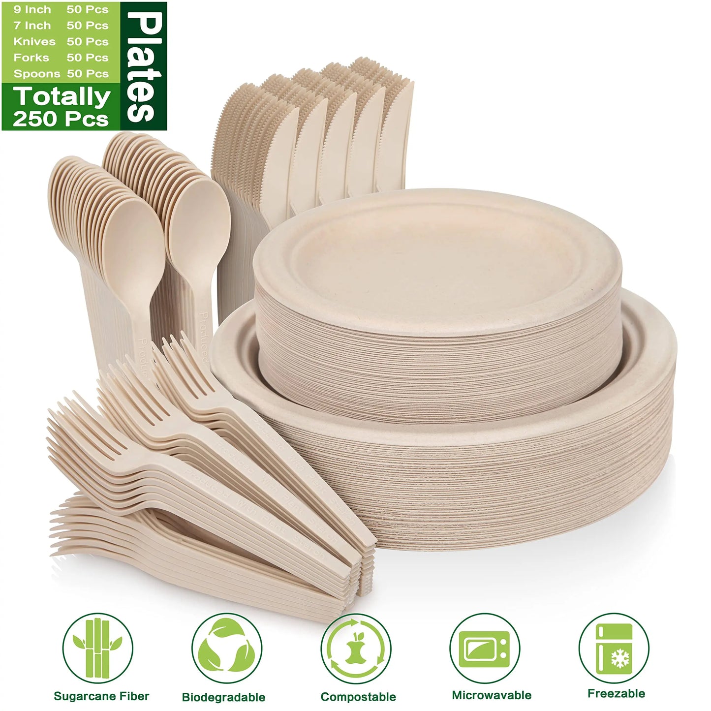 250 Piece  Paper Plates Set, Eco Friendly Biodegradable Plates, Spoons, Forks and Knives