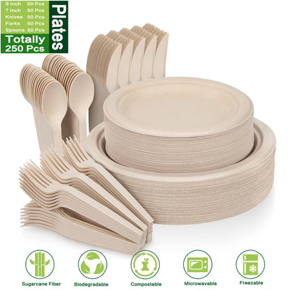 250 Piece  Paper Plates Set, Eco Friendly Biodegradable Plates, Spoons, Forks and Knives