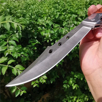 10.63" Folding Knife with 5.71" 7CR13MOV Steel Blade, Red Sandalwood and Steel Handle, Outdoor Hunting and Camping