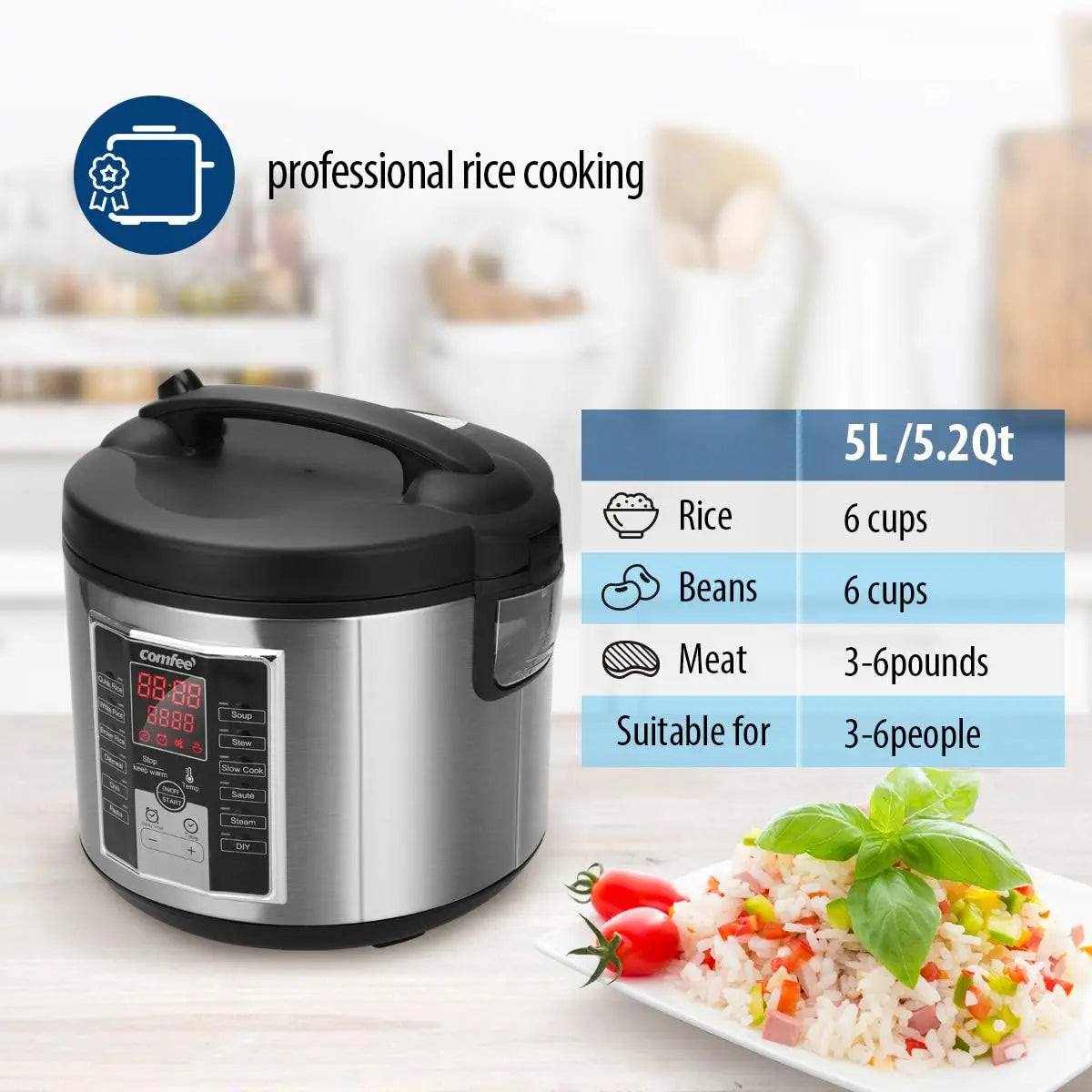 Rice Cooker, Slow Cooker, Steamer, Stewpot, Sauté All in One (12 Digital Cooking Programs) Multi Cooker (5.2Qt ) Large Capacity.