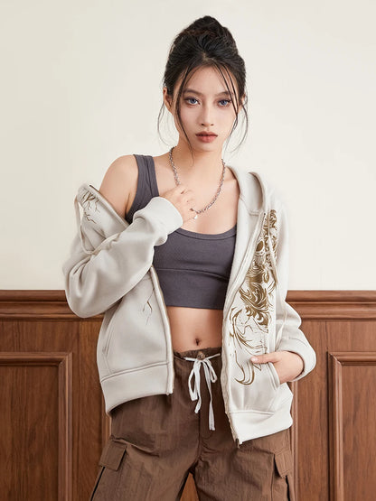 Women Hoodie Vintage Long Sleeve Graphic Print Zipper Closure Sweatshirt with Pockets