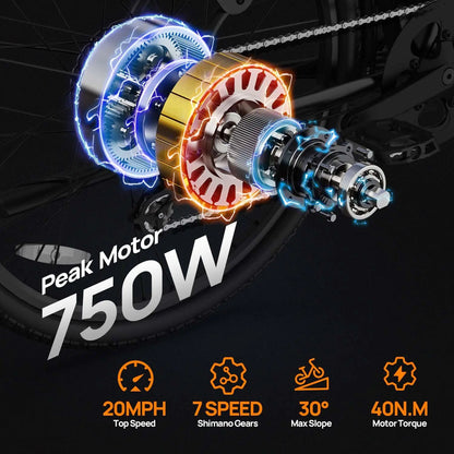 750W E26 Electric Bike for Adults | 48V 10.4Ah Removable Battery, Top Speed 20MPH, 26''X2" Standard Tire, 7-Speeds