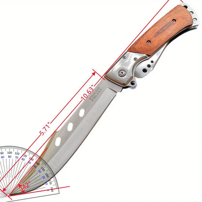 10.63" Folding Knife with 5.71" 7CR13MOV Steel Blade, Red Sandalwood and Steel Handle, Outdoor Hunting and Camping