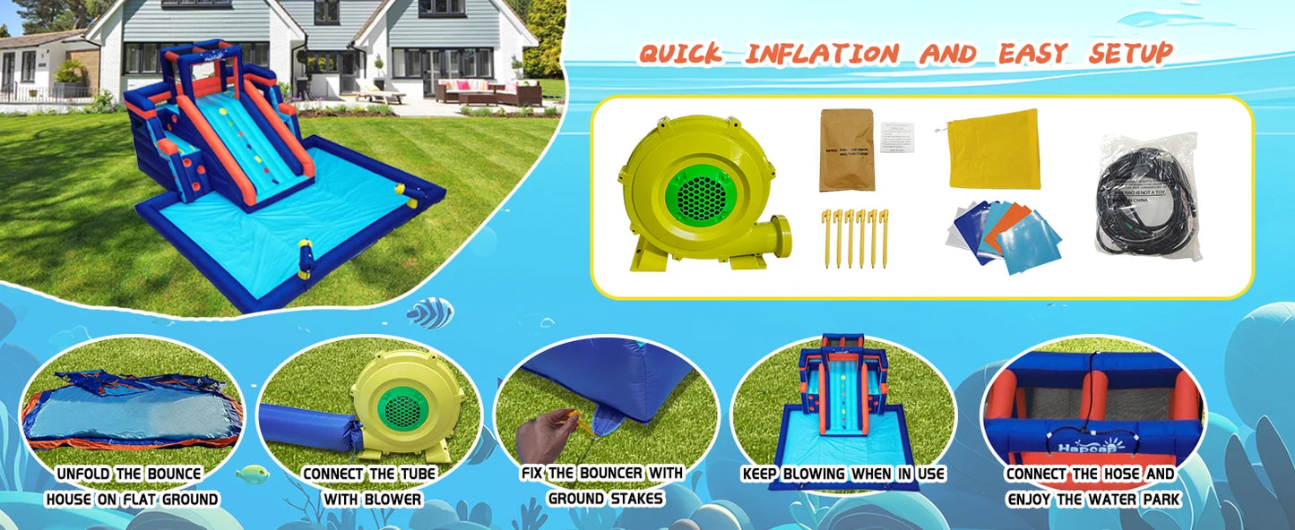 Inflatable Water Slide Pool Bounce House for Kids,Large Slide and Splash Pool, Backyard Summer Outdoors