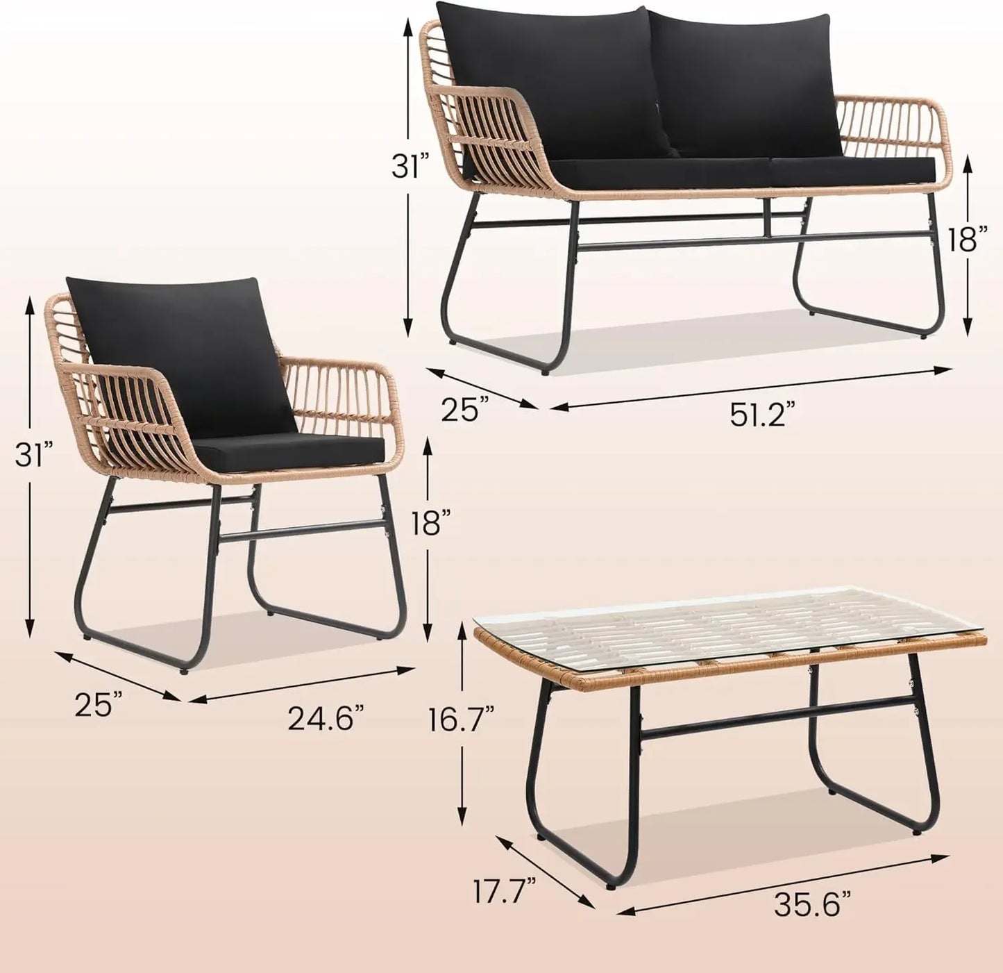 4 Piece Patio Outdoor Furniture Set, Wicker Sofa, 2 Rattan Chairs, and Table All Weather