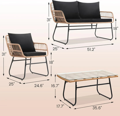 4 Piece Patio Outdoor Furniture Set, Wicker Sofa, 2 Rattan Chairs, and Table All Weather