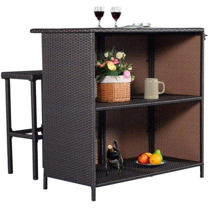 Outdoor Rattan 3-Piece Bar Set with Wicker Stools and Table Including 2 Storage Shelves.
