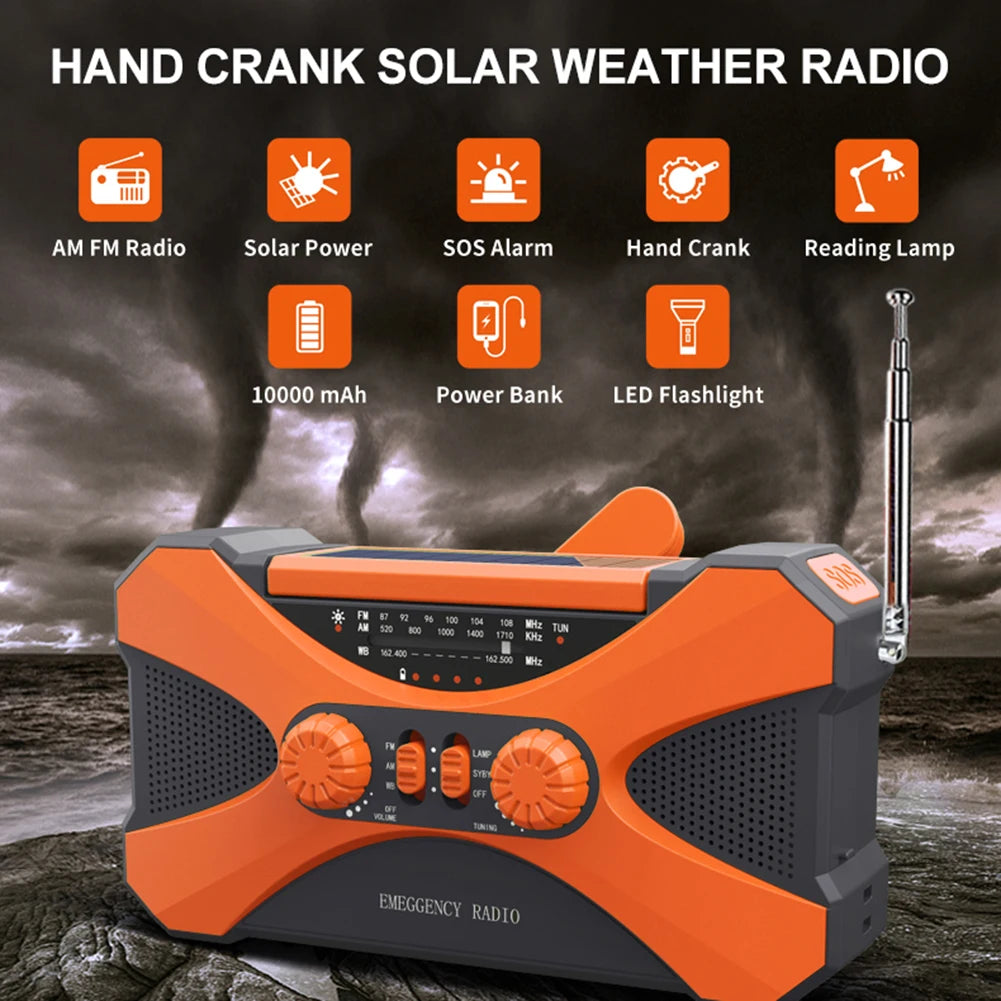 Outdoors AM/FM Radio Dual Speaker 10000mAh Rechargeable Stereo Solar Emergency Hand Crank Weather Radio