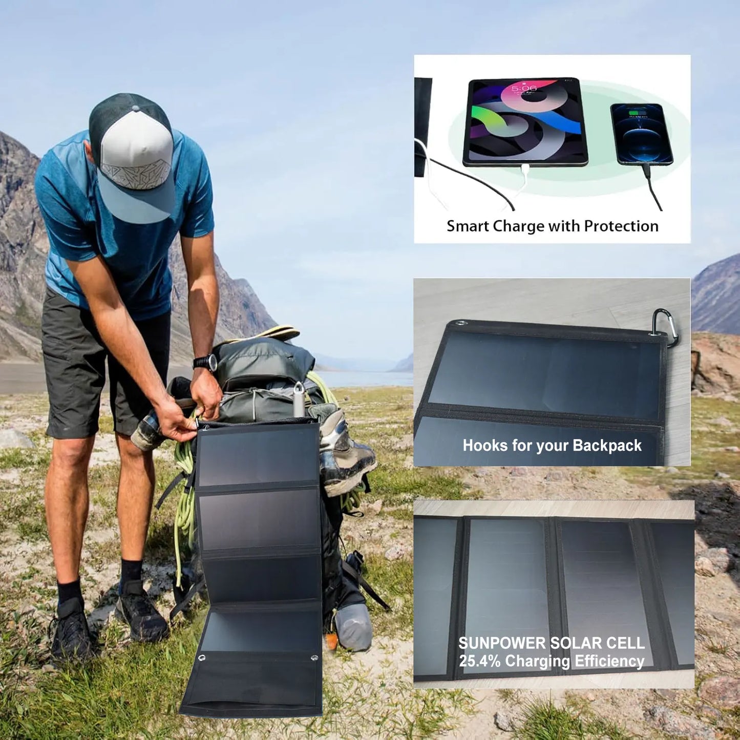 28W Folding Solar Panel 2 USB Ports Portable  Panel Phone Charger with SunPower Solar Cell for Camping Hiking