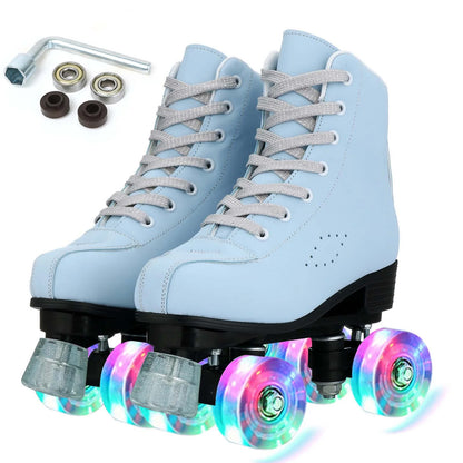 Double-Row Roller Skate Shoes Quad Sneakers Beginner Men Women Outdoor Skating  Size 34-45 Pu Leather
