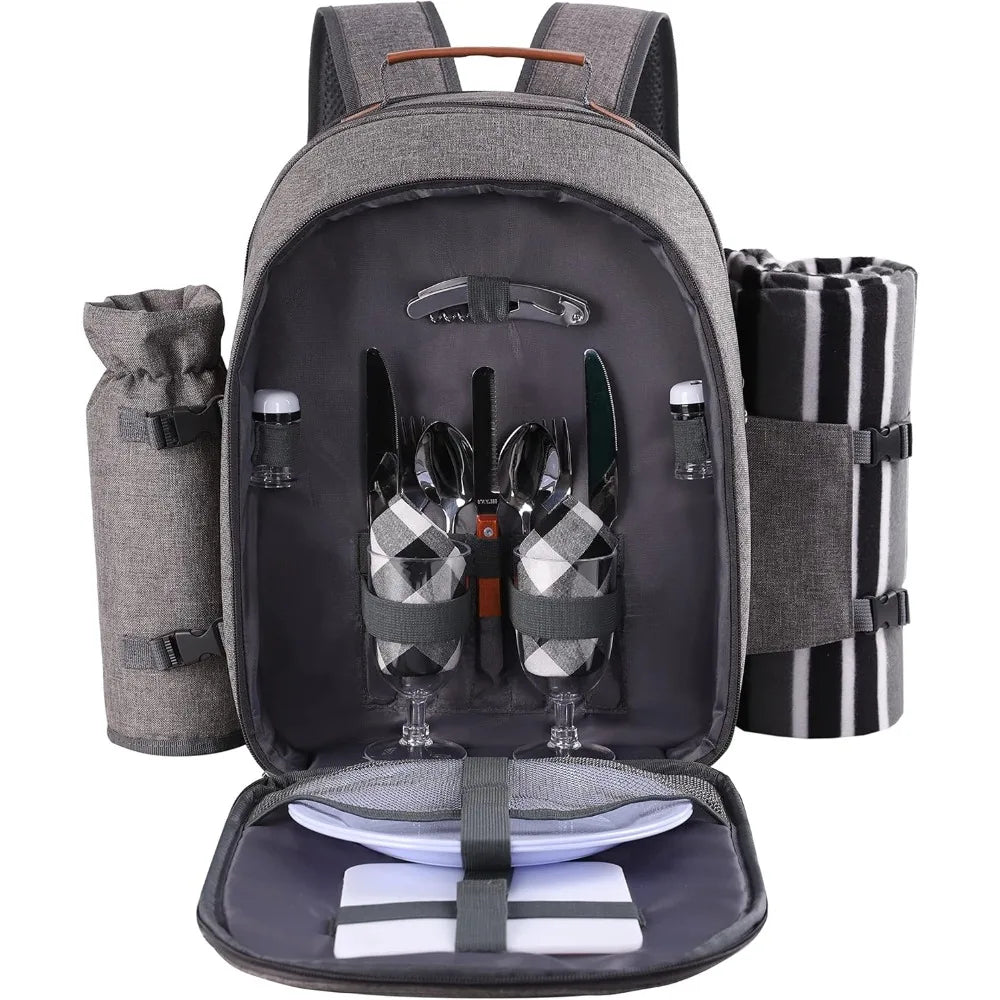 Picnic Backpack Set for 2 Person with Cooler Compartment, Detachable Bottle/Wine Holder, Fleece Blanket, Plates