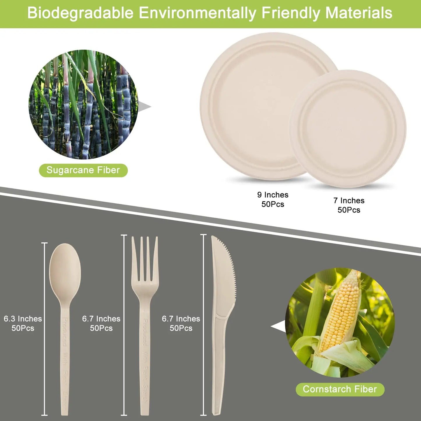 250 Piece  Paper Plates Set, Eco Friendly Biodegradable Plates, Spoons, Forks and Knives