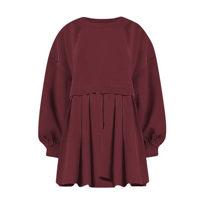 Women Sweatshirt Dress Long Sleeve Crewneck Pullover Loose Fit Tops Pleated Sweatshirts Dresses
