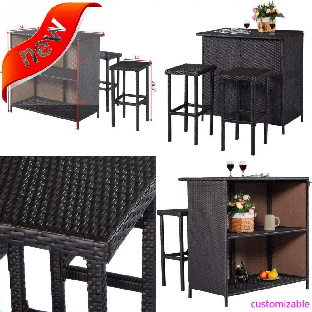 Outdoor Rattan 3-Piece Bar Set with Wicker Stools and Table Including 2 Storage Shelves.
