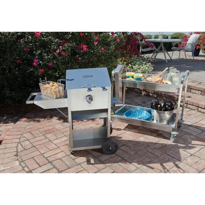 .9-gal Bayou Fryer Features Stainless Cart w/Side Shelf Three Mesh Baskets Fry Thermometer