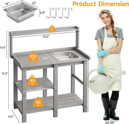 Potting Bench, Outdoor  Table with Removable Sink, with Storage Shelves 360lbs Capacity