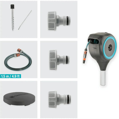 "50-foot 1/2-inch retractable garden hose reel with metal stake for outdoor use and easy swivel for convenient watering"