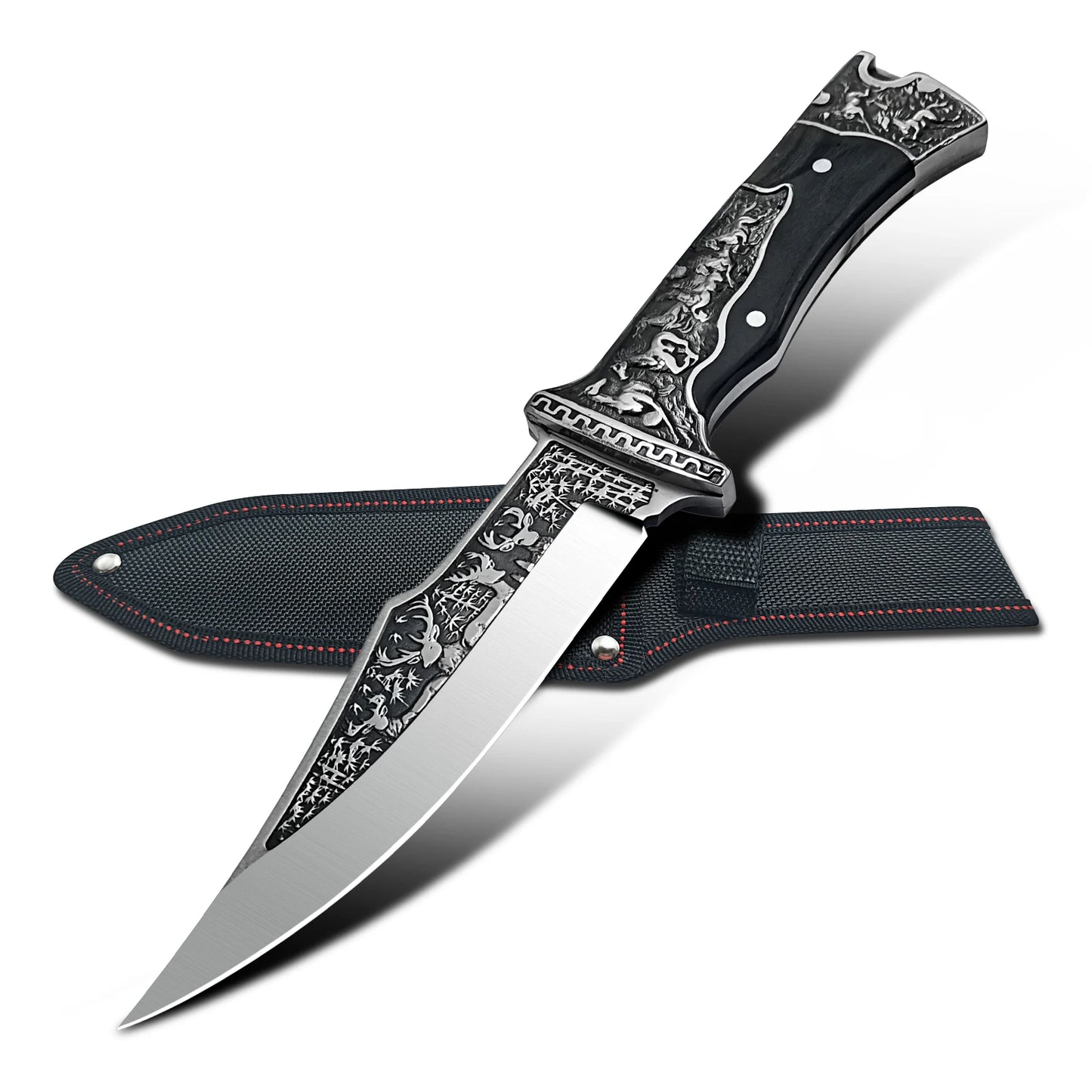 High Quality Steel Hunting Knife, Outdoor Survival Knife, Rubber Anti Slip Handle, Equipped with Leather Case