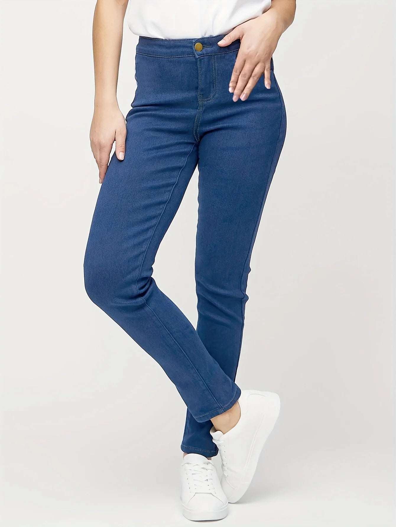 Women Solid Color High-waisted Skinny Jeans, Stretchy Pants, Casual Style Denim Pants