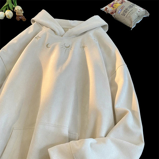 Suede Sweatshirt Men Loose Hoodie Embroidery Pattern Gothic Style