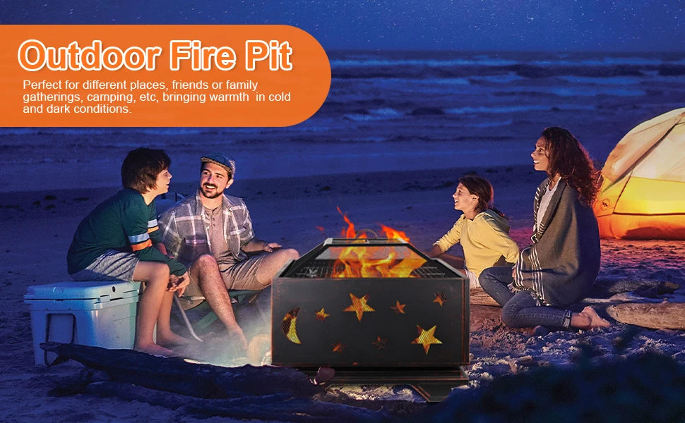 26 Inch Square Wood Burning Fire Pit with Cooking Grill for Outdoor BBQs