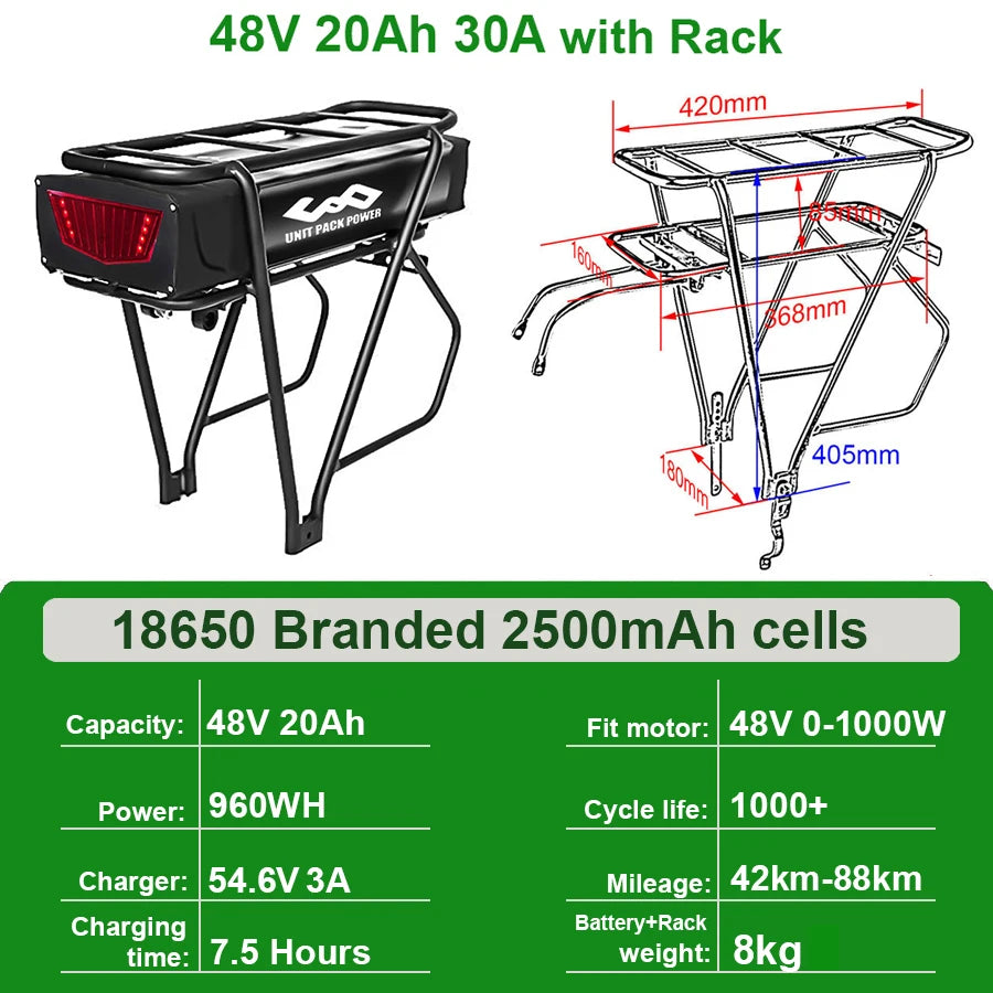 Rear Rack eBike Battery 52V 48V 27Ah 72V 20Ah with Rack no Rack Optional for 1500W 1000W 750W 500W 24"-28 inch