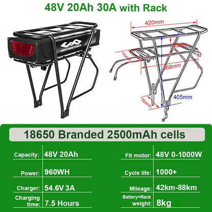 Rear Rack eBike Battery 52V 48V 27Ah 72V 20Ah with Rack no Rack Optional for 1500W 1000W 750W 500W 24"-28 inch