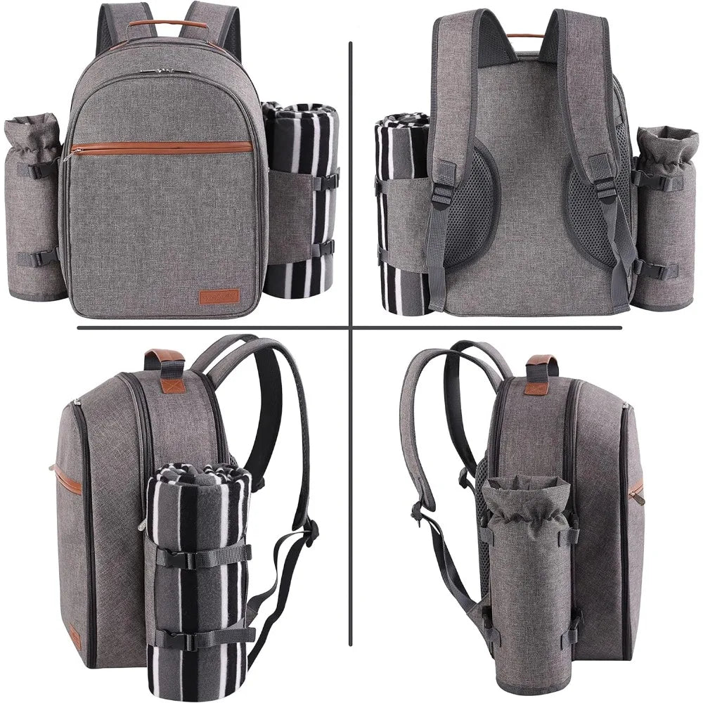 Picnic Backpack Set for 2 Person with Cooler Compartment, Detachable Bottle/Wine Holder, Fleece Blanket, Plates