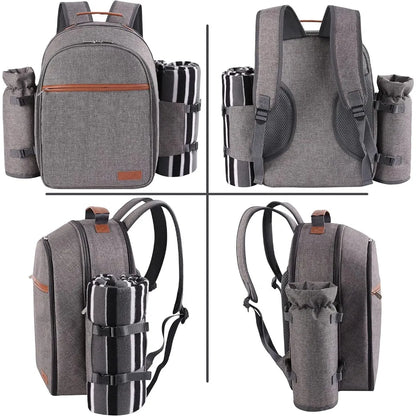 Picnic Backpack Set for 2 Person with Cooler Compartment, Detachable Bottle/Wine Holder, Fleece Blanket, Plates