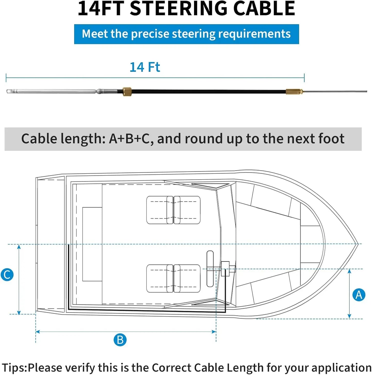 14 Feet Cable Outboard Steering Kit 3/4" Standard Tapered Shaft for Yachts, Fishing Boats