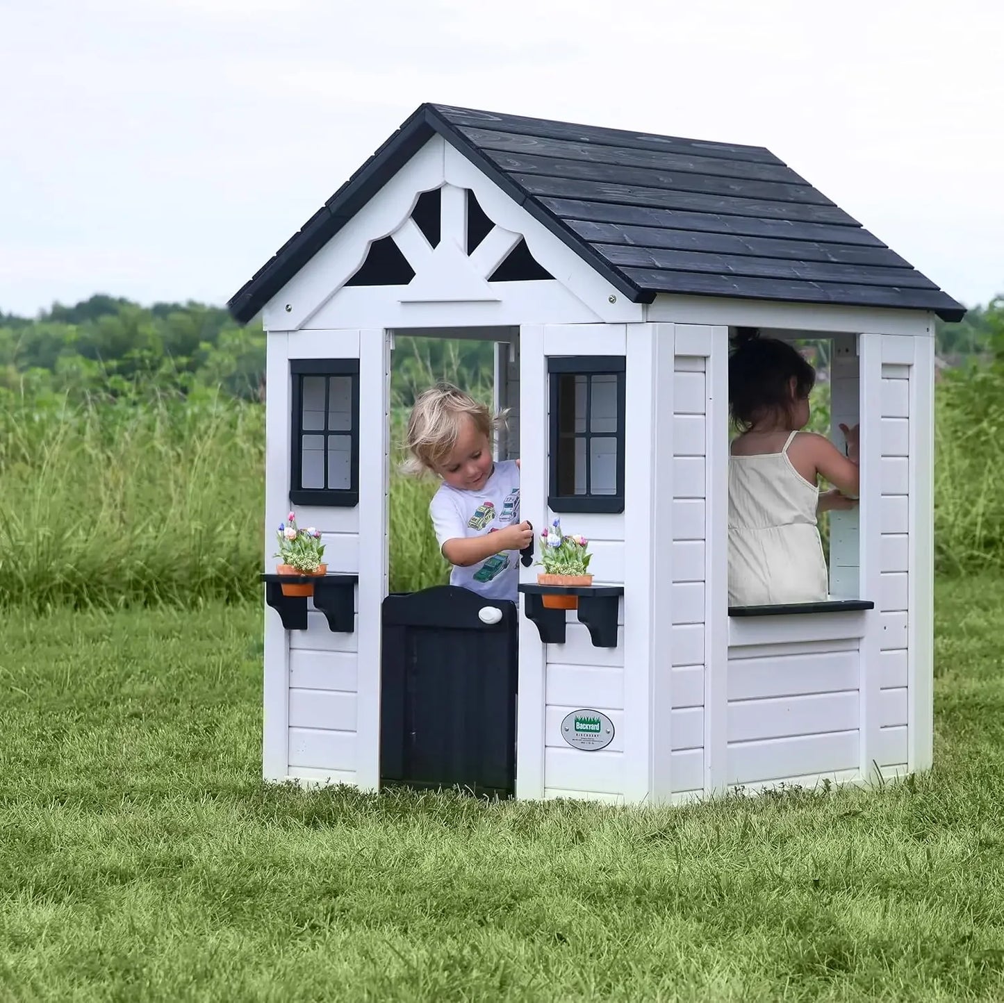 All Cedar White Outdoor Wooden Playhouse, Sink, Stove, Windows, Kitchen with Pot and Pans