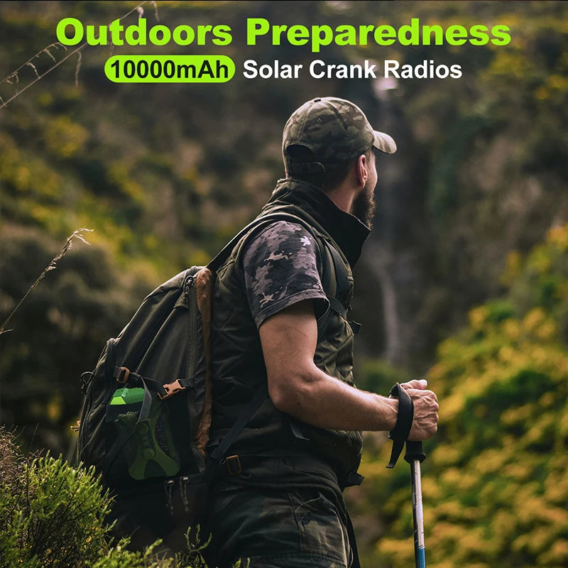 Outdoors AM/FM Radio Dual Speaker 10000mAh Rechargeable Stereo Solar Emergency Hand Crank Weather Radio