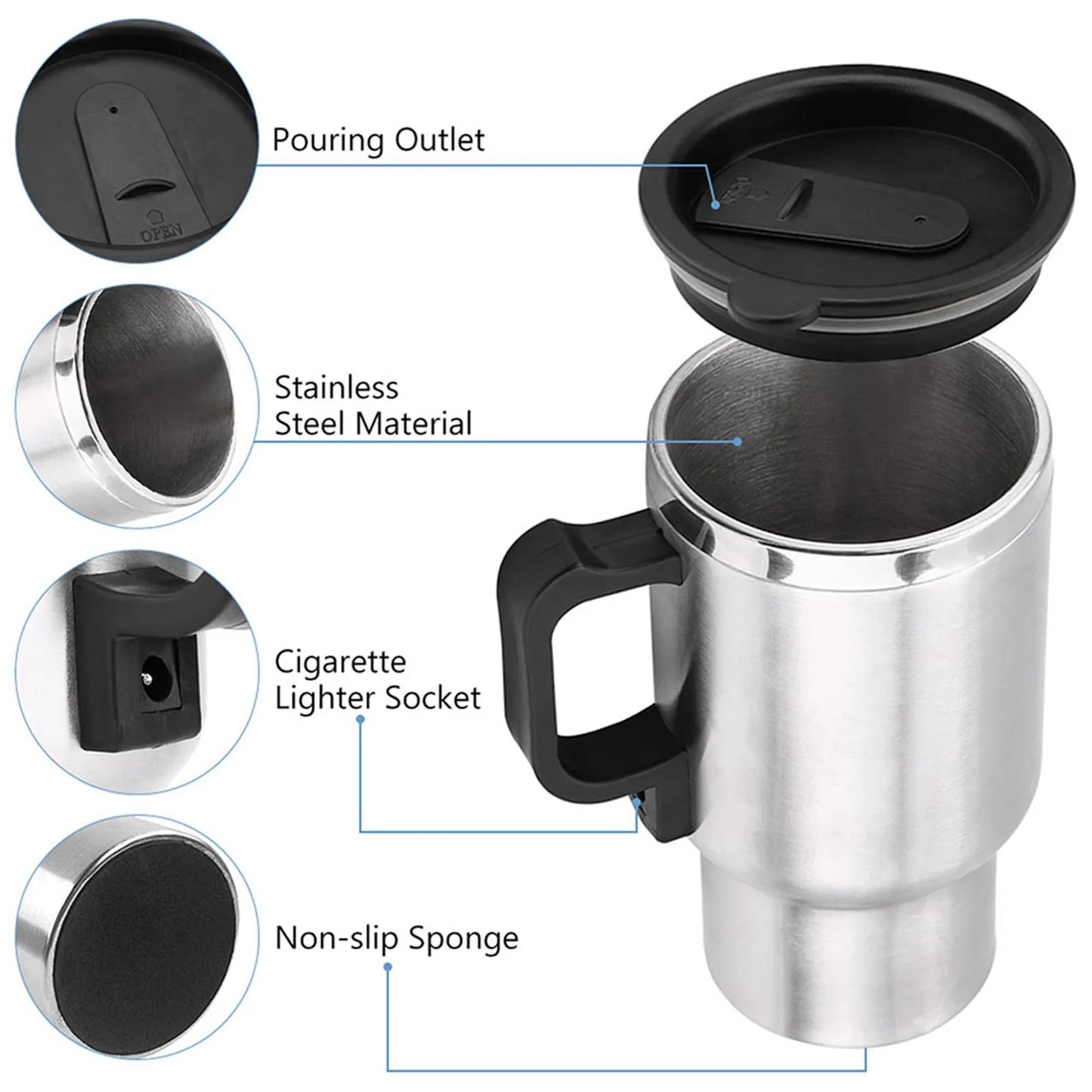 Electric Coffee Mug Water Kettle 12V  Stainless Steel Travel Heating Car Cup Mug