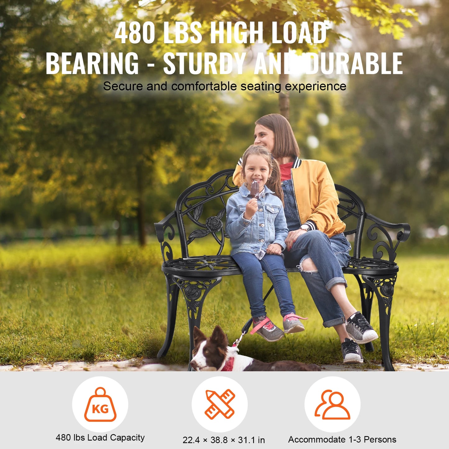 Wooden Metal Garden Bench for Outdoors 480 lbs Load Capacity