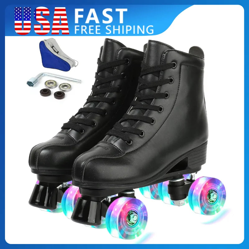 Double-Row Roller Skate Shoes Quad Sneakers Beginner Men Women Outdoor Skating  Size 34-45 Pu Leather