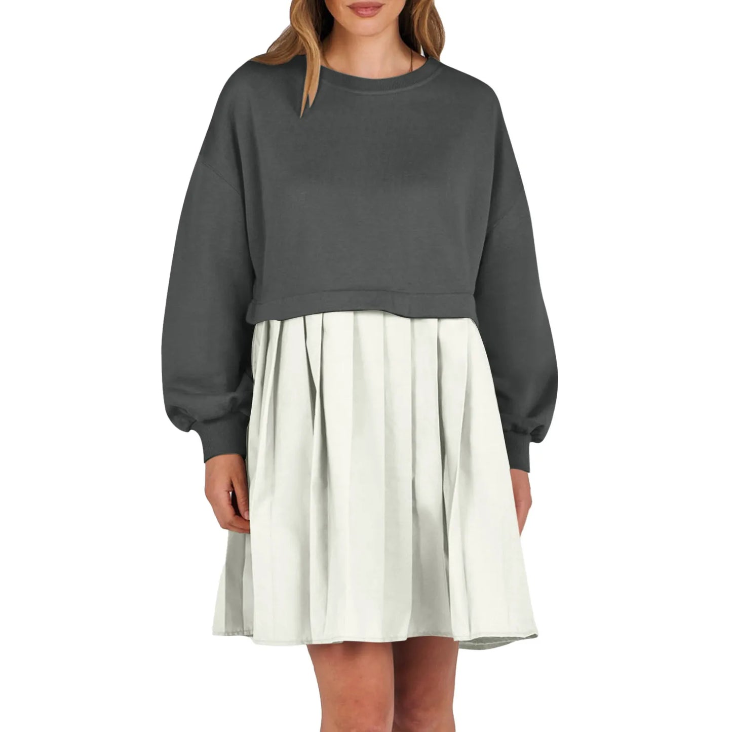Women Sweatshirt Dress Long Sleeve Crewneck Pullover Loose Fit Tops Pleated Sweatshirts Dresses