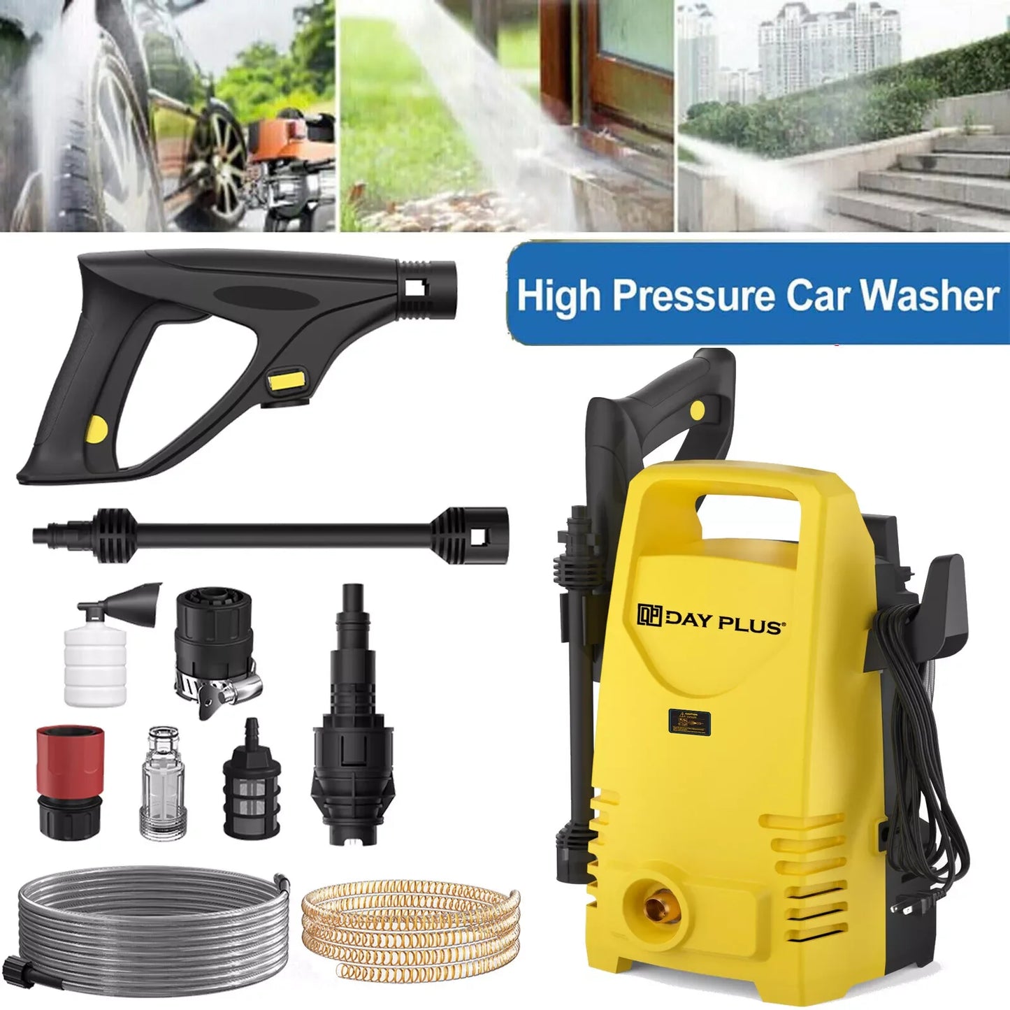 Electric High Pressure Washer 1600W,Adjustable Lance from 0 to 180°,7m Flexible Hose.